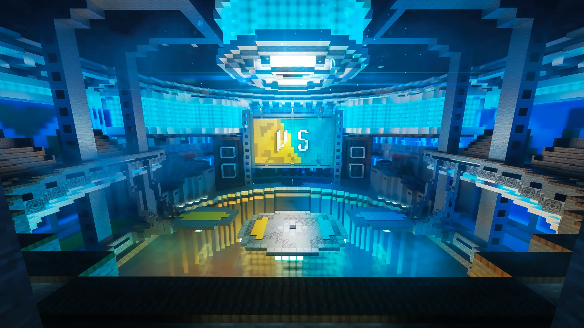 SquirtleSquadMC Battle Arena — a stunning Minecraft Cobblemon PvP stadium with blue lighting and a VS screen