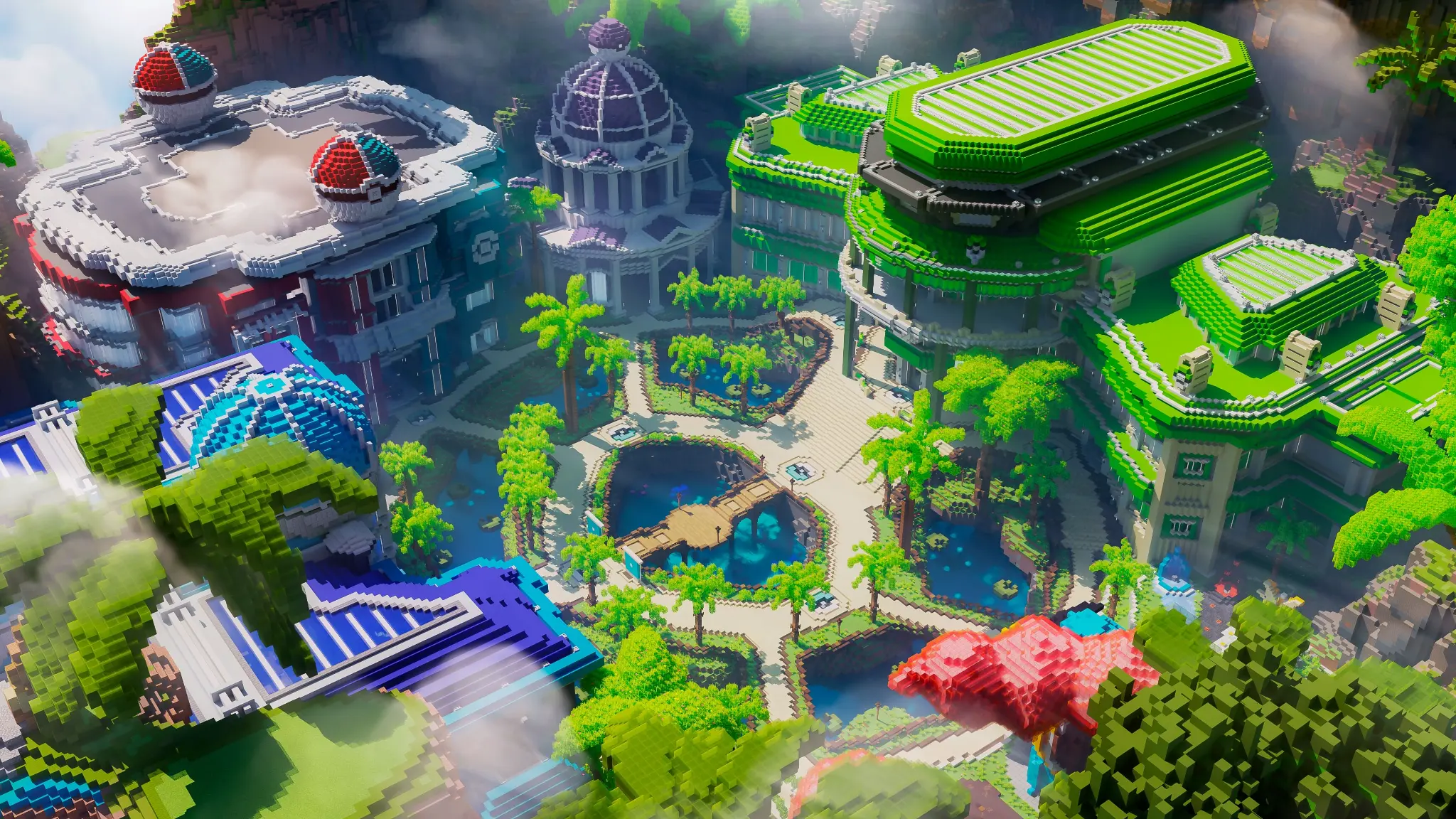 SquirtleSquadMC Minecraft server spawn — a grand Cobblemon world with Pokéball buildings and lush gardens